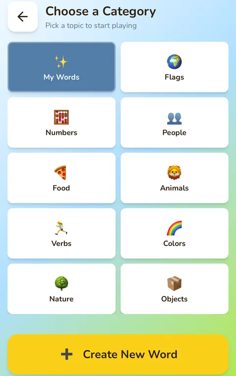 The category screen with nine categories and My Words