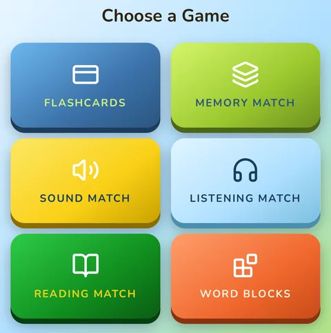 The EveryLingo game menu with six game buttons